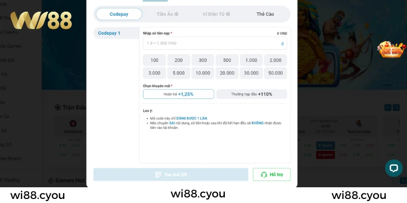 Các bước nạp tiền Wi88 bằng codepay