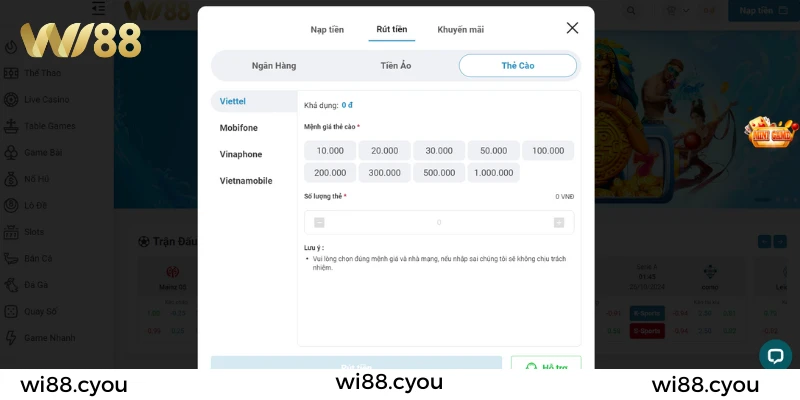 Các bước rút tiền Wi88 bằng thẻ cào
